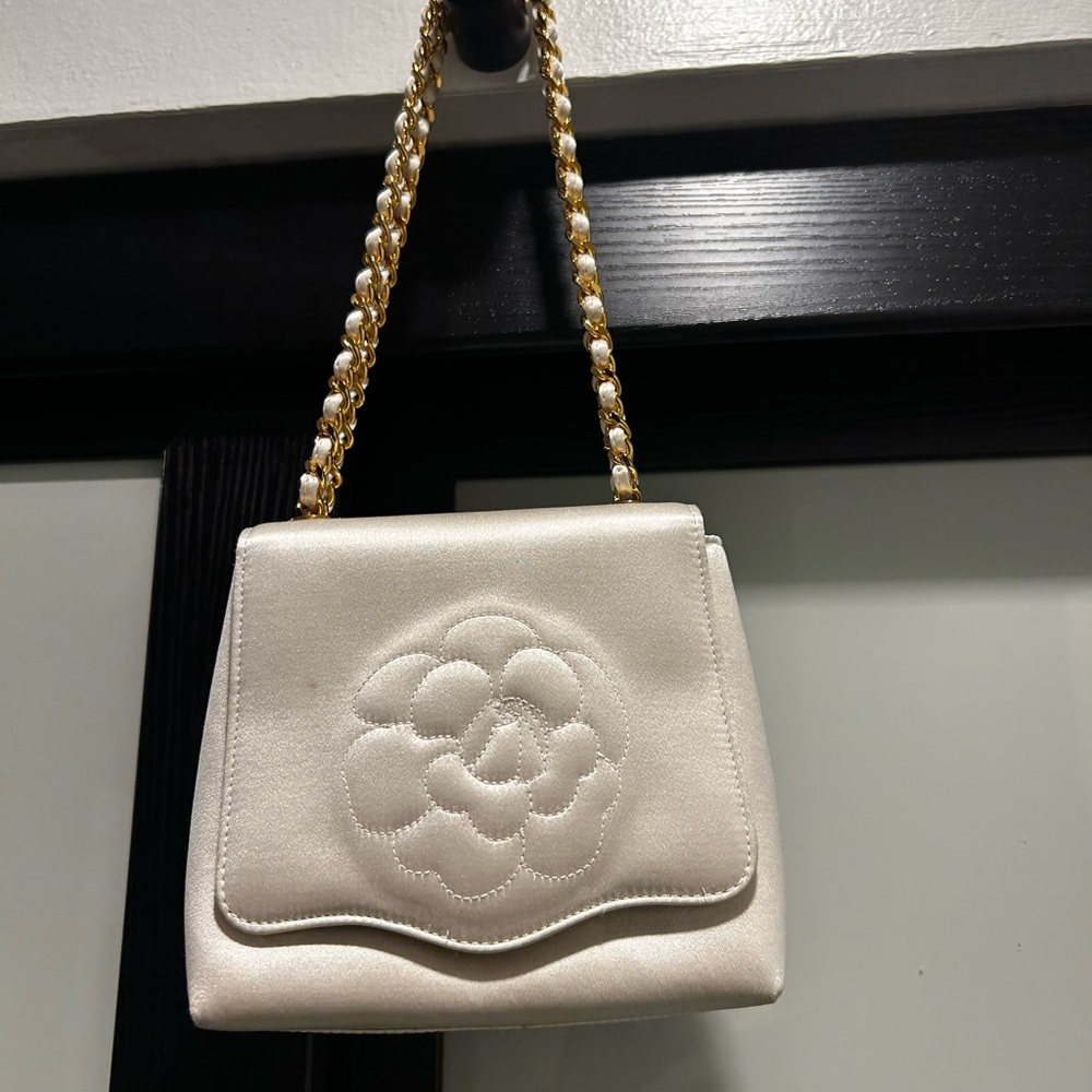 Vintage CHANEL Satin Cream Camellia Evening Bag with Gold Chain